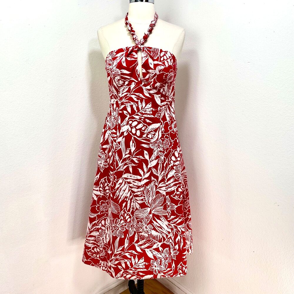 Robbie Bee Red Tropical Print Halter Dress Size 6 Cotton Boning Lined Sea Resort